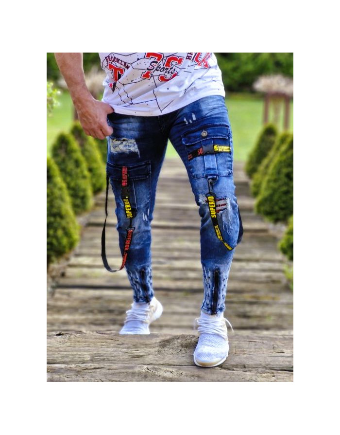 NIEBIESKIE SPODNIE MĘSKIE JEANS Z SZELKAMI SPEDBOY 9701